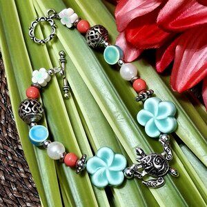 Artisan Hand Crafted Bracelet Turtle Flower Silver Mint Green Coral Beaded OSFM